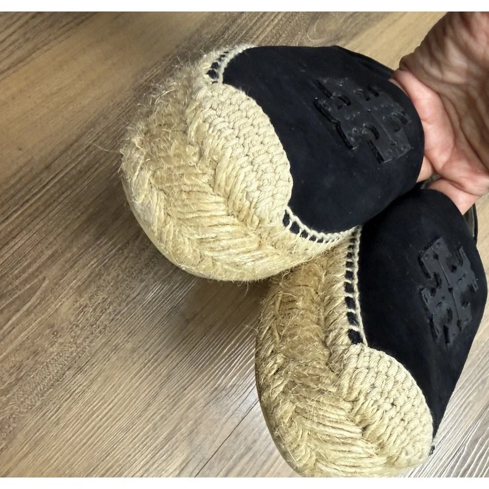 Tory Burch Espadrille Black Platform Slides Leather Suede Chunky Resort Luxury